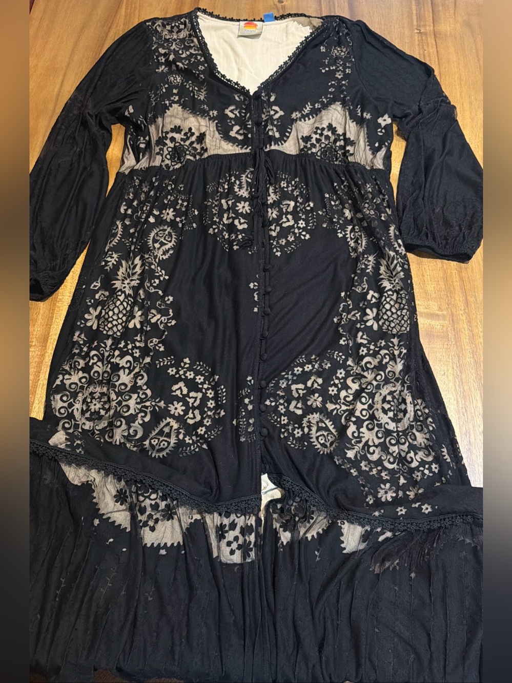FARM Rio Anthropologie Pineapple Devoré Burnout Lace Maxi Dress Black/Nude XL